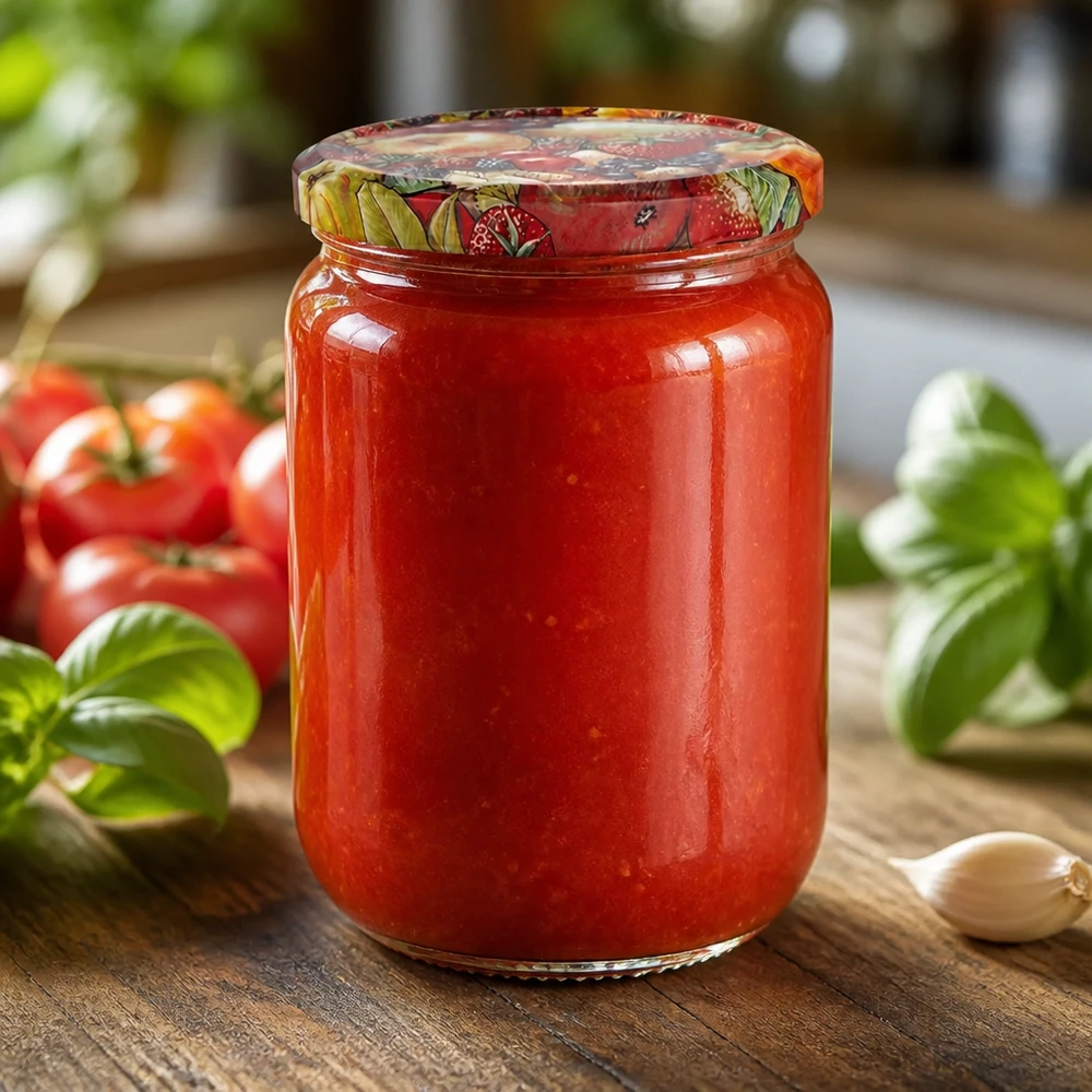 Einmachglas UNiTWIST 555ml runde Form BasicSeal Deckel Obstmotiv gefüllt mit sämiger Tomatensoße