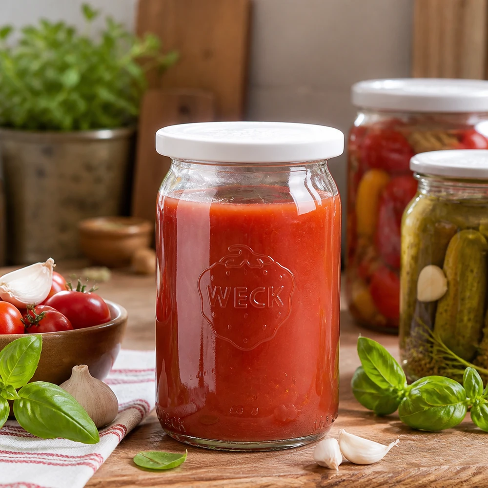 145ml Zylinderglas mit Frischedeck. WECK RR40 WECK RR40 Einmachglas 145ml gefüllt mit roter Tomatensoße in rustikaler Küche mit frischen Kräutern und Gemüse