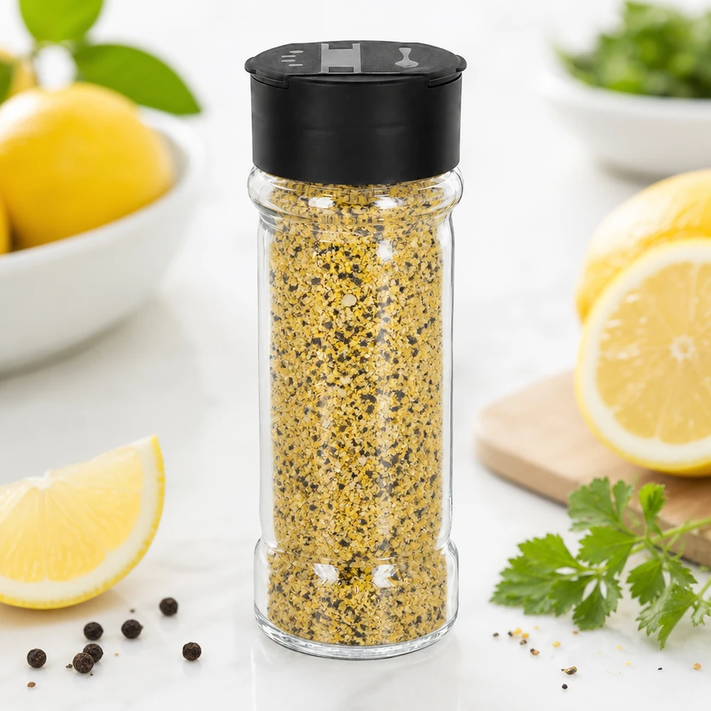 Salz-/Gewürzglas 100ml mit Doppelstreuer schwarz 100ml Gewürzglas mit Doppelstreuer für Salz und Pfeffer in moderner Küchenumgebung