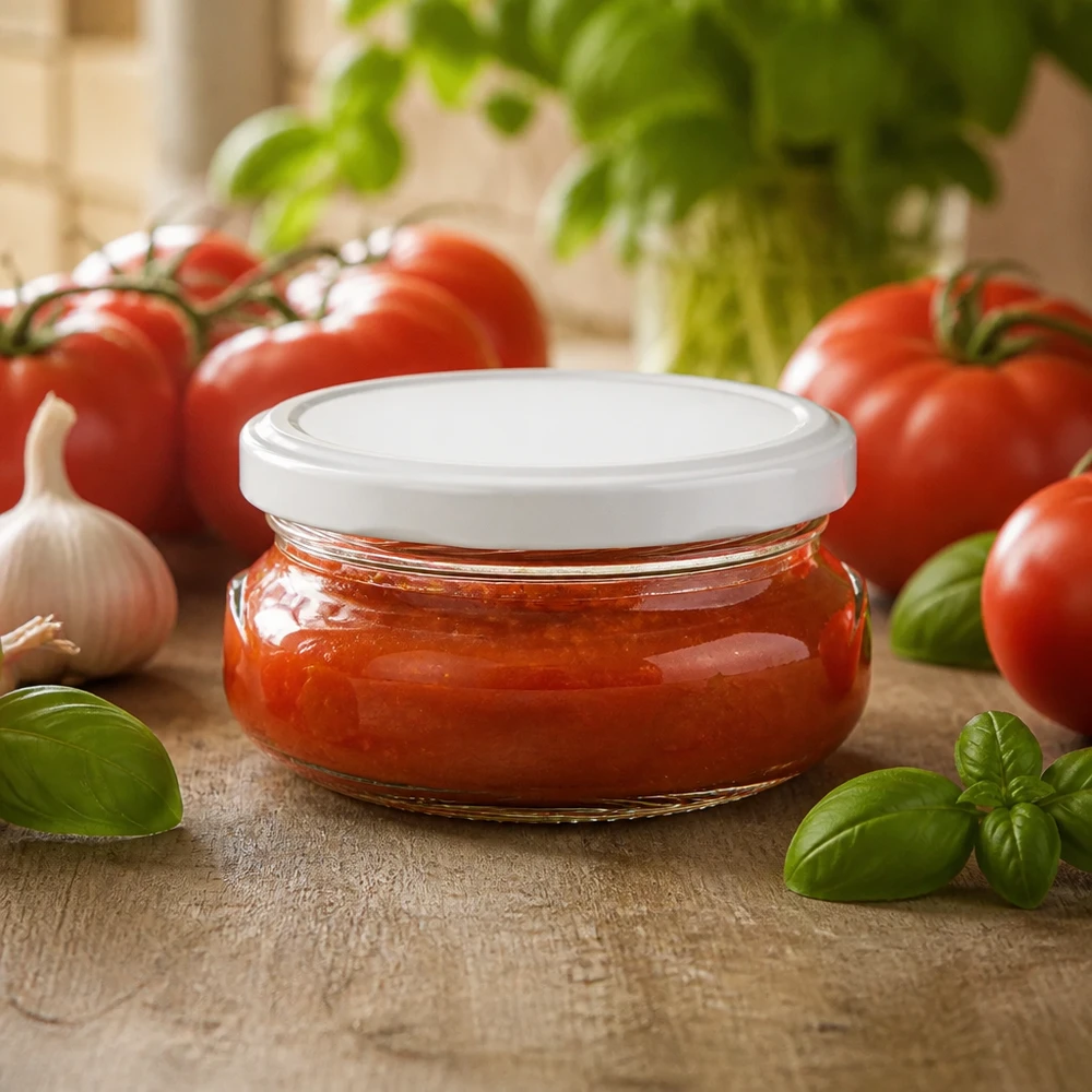 120 ml Terrinenglas 24er-Set mit Deckel (Deckelfarbe: weiss) – UNiTWIST Transparentes Vorratsglas 120ml mit weißem Deckel aus dem UNiTWIST 24er-Set für Tomatenprodukte