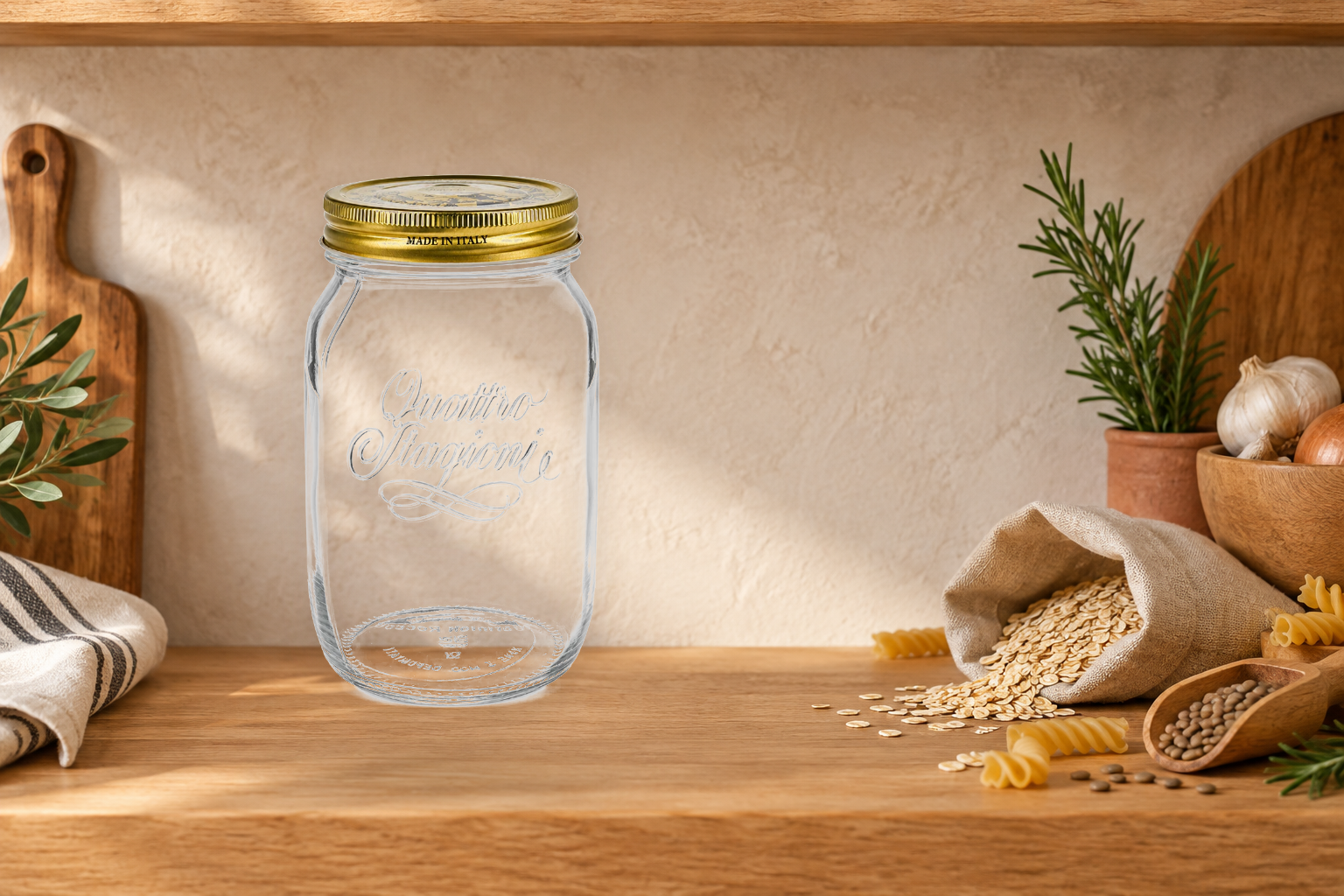 Originales 1.000-ml-Quattro-Stagioni-Rundglas in einer warmen Vorratsszene mit Hafer, Pasta und Hülsenfrüchten