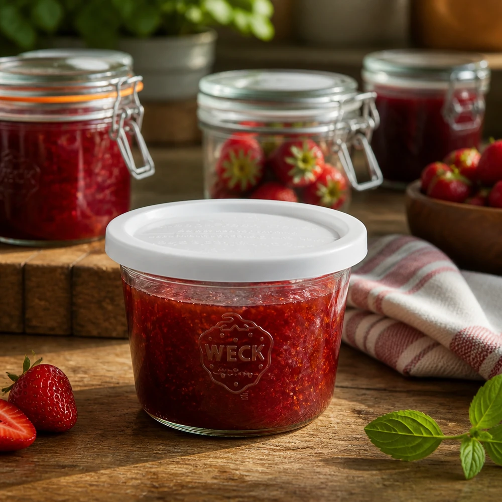 370ml Sturzglas mit Frischedeckel WECK RR100 WECK Sturzglas 370ml RR100 mit Erdbeermarmelade befüllt in rustikaler Küche neben frischen Erdbeeren und Einmachgläsern