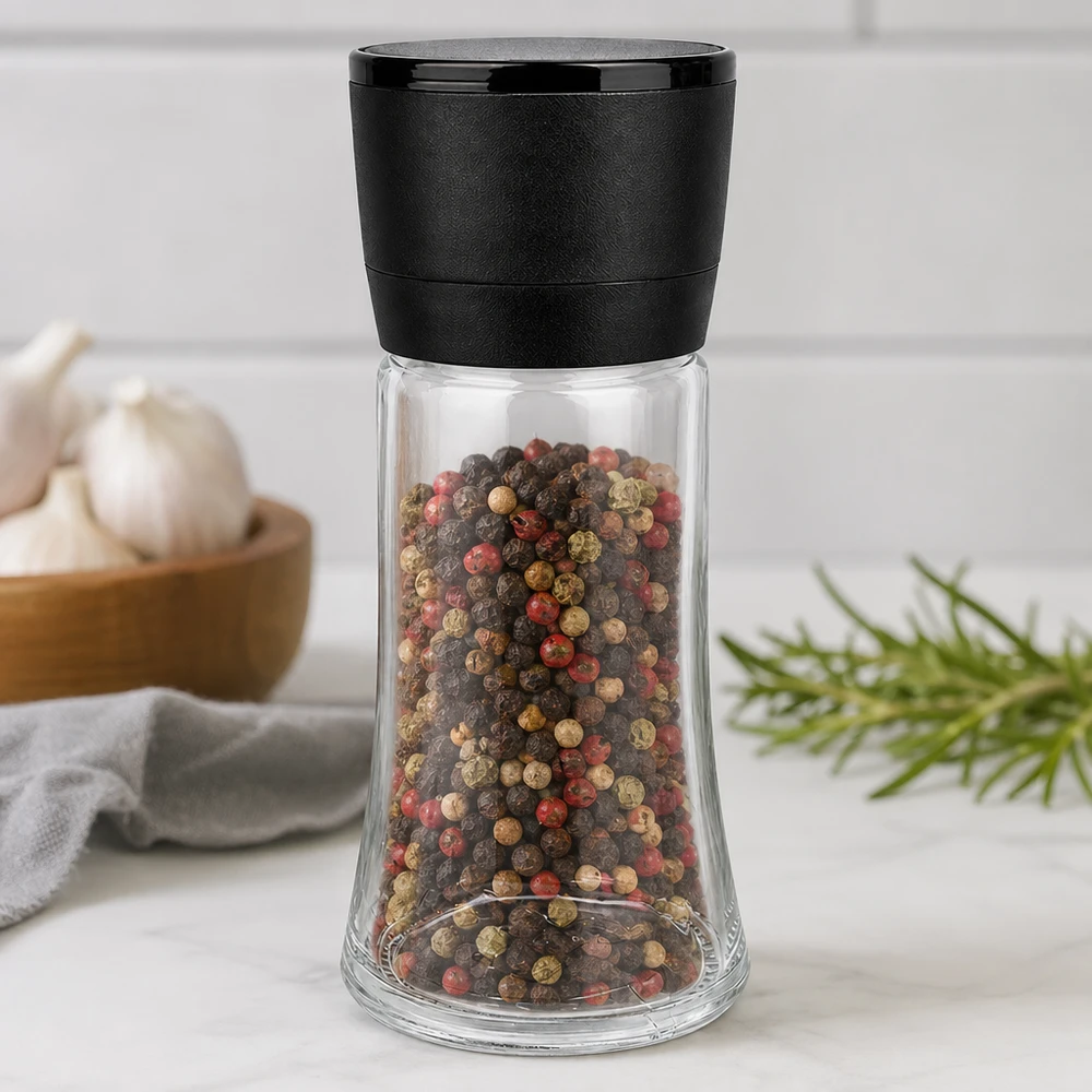 Salz-/Gewürzglas 95ml mit Mühle Vario schwarz Nachfüllbare Gewürzmühle 95ml mit schwarzem Dreh-Mahlwerk für Salz und Pfeffer