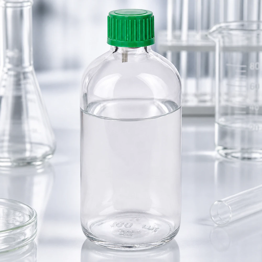100ml Tropfflasche 0.8mm grün Standardverschluss ClearLine UT18/100 Seitliche Ansicht 100ml ClearLine Glasflasche mit grünem Tropfverschluss auf weißer Laboroberfläche