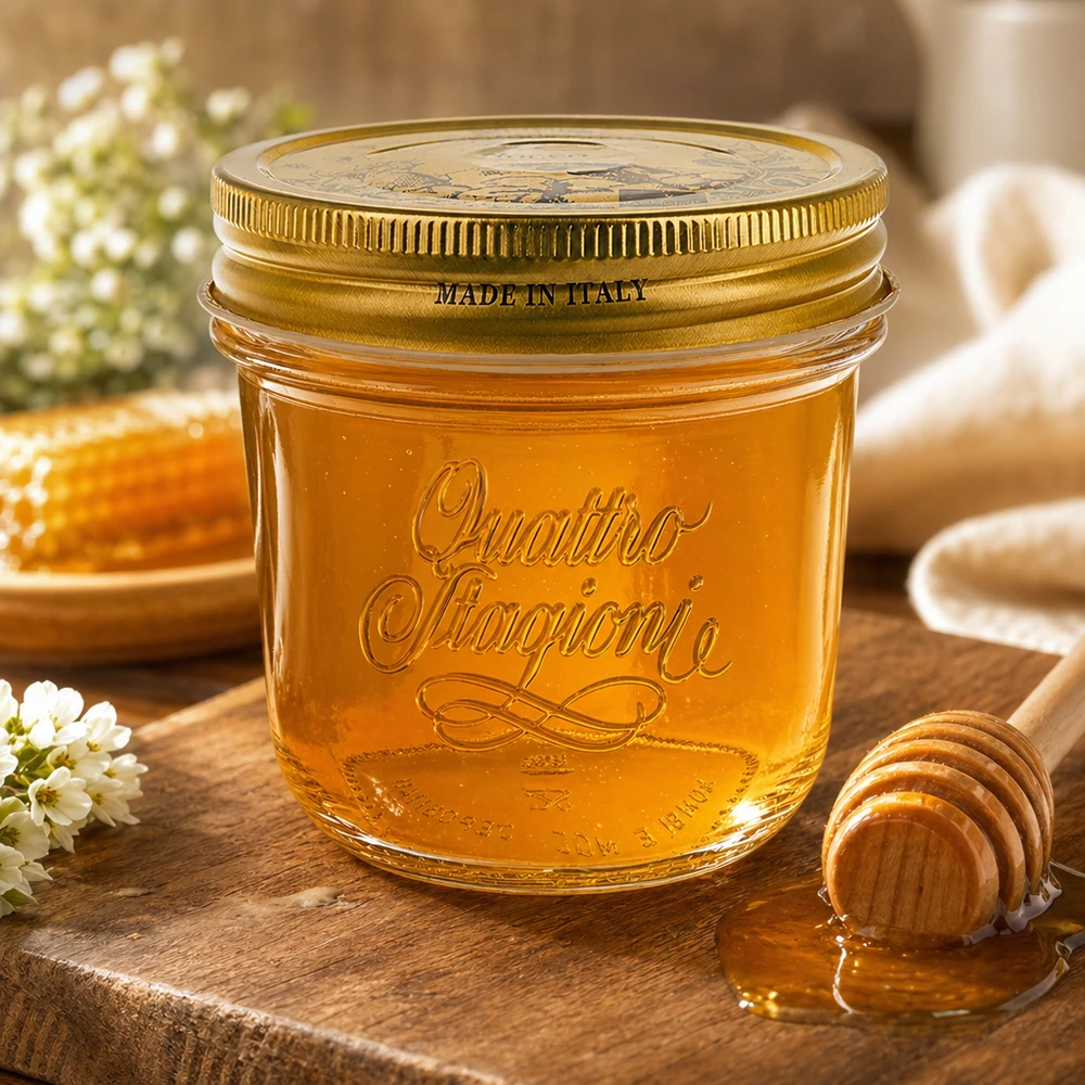 200ml Quattro Stagioni Sturzglas mit goldenem Deckel gefüllt mit Honig auf Holztisch mit Honiglöffel und Blumen