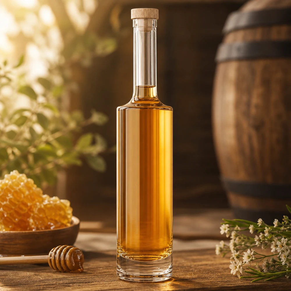 500ml Glasflasche "Rosa" mit Holzgriffkorken UNiTWIST® 500ml Glasflasche Rosa mit Honig gefüllt neben Bienenwabe und Honiglöffel auf rustikalem Holztisch mit Fass