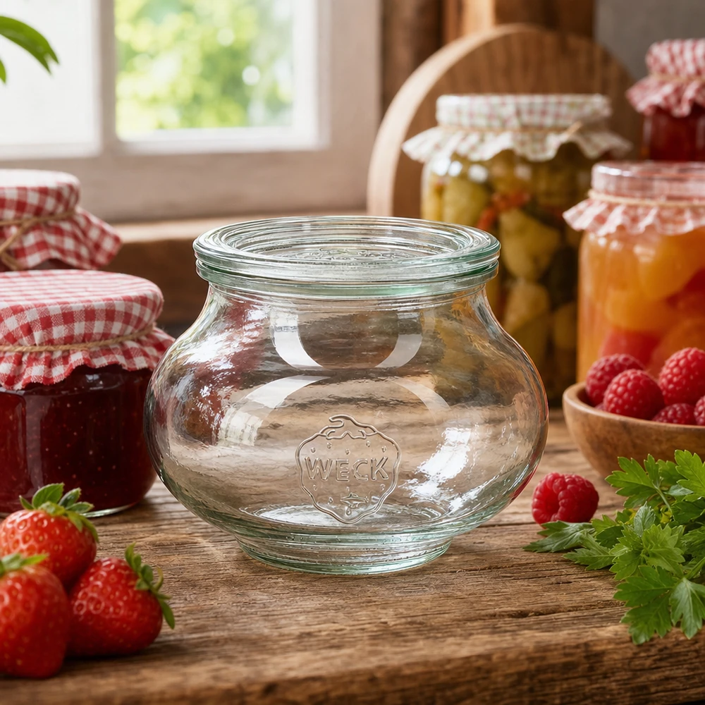 560ml Schmuckglas mit Glasdeckel WECK RR80 WECK RR80 560ml Einmachglas in rustikaler Küche mit Marmelade Obst und anderen Vorratsgläsern dekoriert