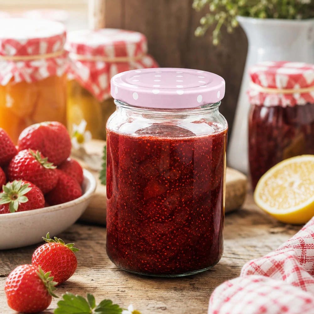 205ml Rundglas + BasicSeal Deckel Punkte rosa UNiTWIST 205ml Rundglas mit rosa BasicSeal Punktedeckel gefüllt mit Erdbeermarmelade zwischen frischen Erdbeeren auf Holztisch
