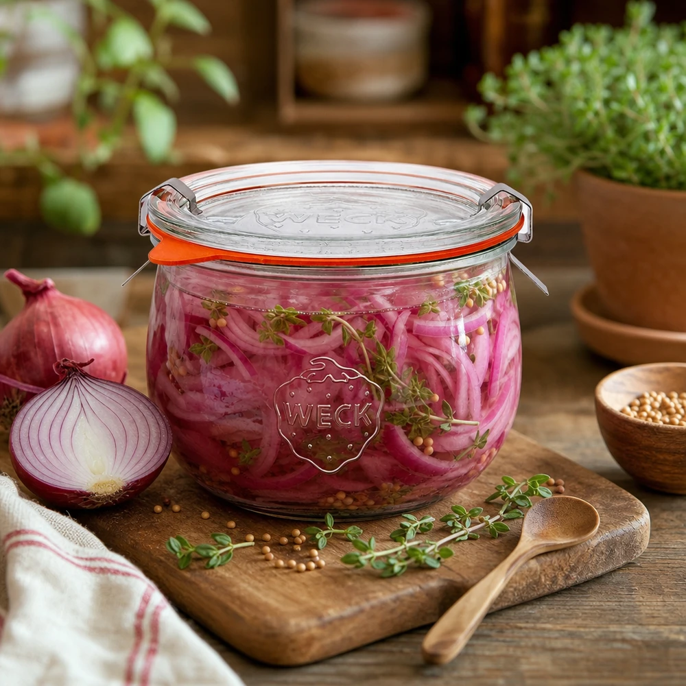 580ml Tulpenglas komplett WECK RR100 WECK Tulpenglas 580ml RR100 gefüllt mit eingelegten roten Zwiebeln, dekorativ arrangiert mit Kräutern auf Holzbrett