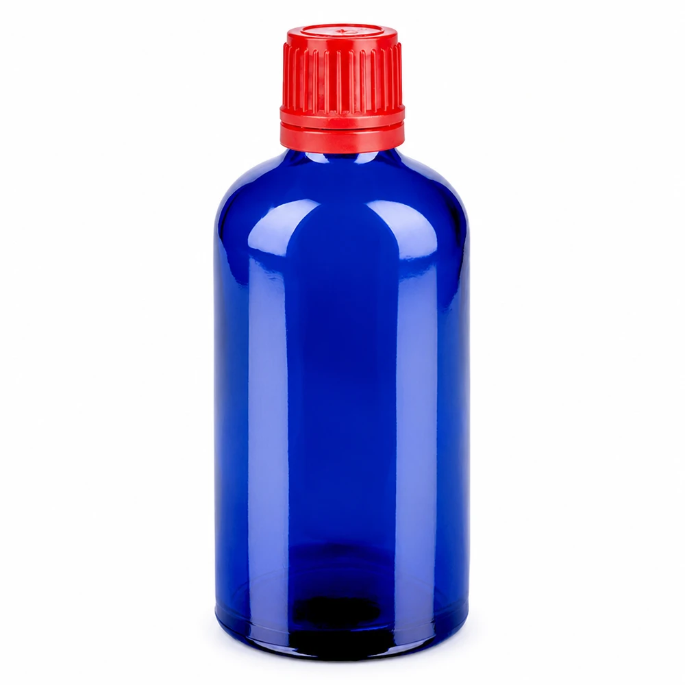 100ml Flasche 11mm Schraubverschluss rot Originalitätsverschluss BlueLine UT18/100 Vielseitige 100ml Glasflasche blau für Tropfen Tinkturen mit rotem Schraubdeckel