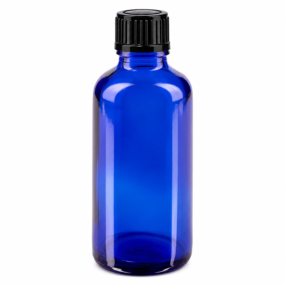 Apothekenflasche blau 50ml Schraubverschluss schwarz Standard Kleine blaue Medizinflasche 50ml Glas mit kindersicherem schwarzen Verschluss