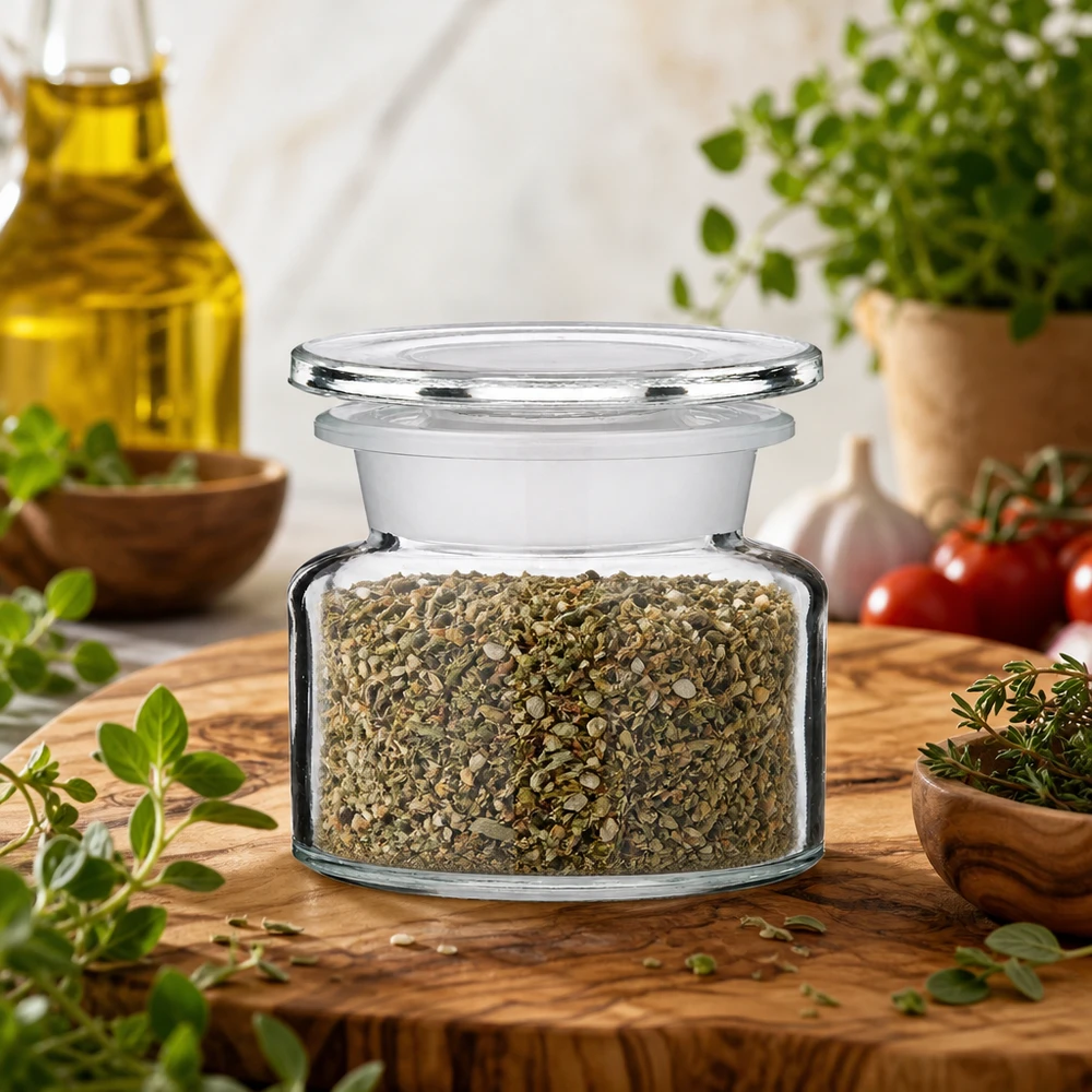 Rundes Gewürzglas 50 ml Weithals Klarglas mit Kräutermischung mediterrane Küche Holzunterlage