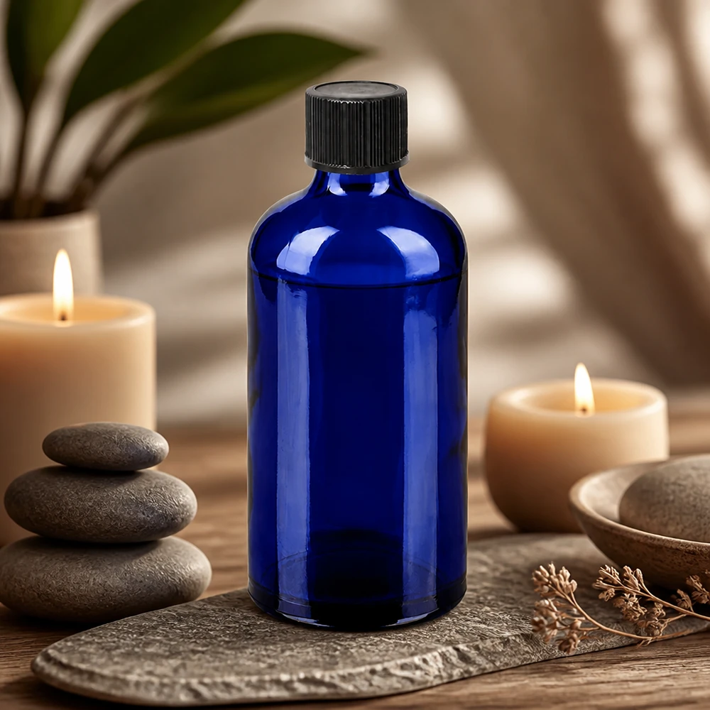 Robuste blaue Glasflasche 100ml mit schwarzem Tropfverschluss für langfristige Aufbewahrung