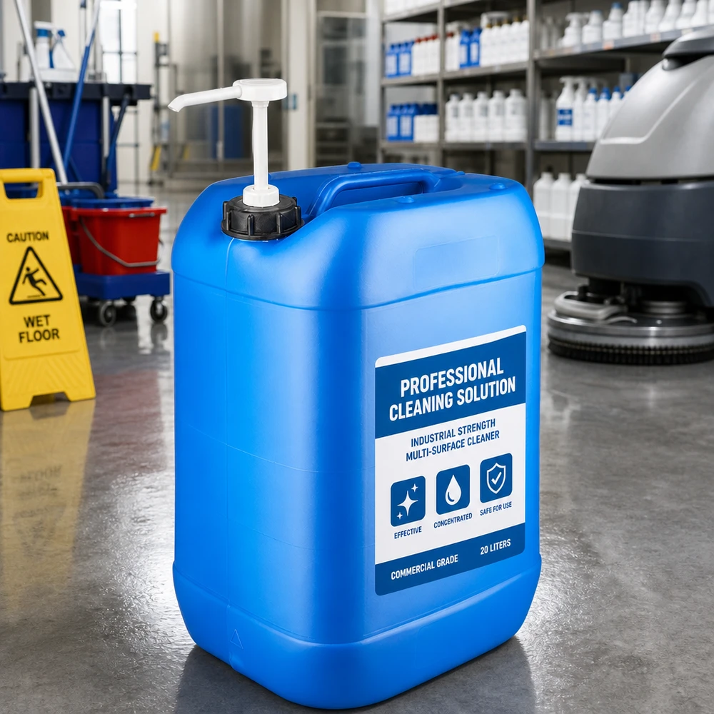 Kanister 25 Liter blau mit Dosierpumpe Robuster blauer Flüssigkeitskanister 25 Liter mit Dosierpumpe neben Warnschild Nasser Boden