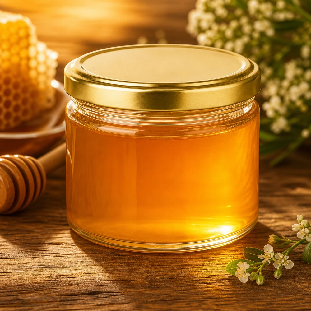 540ml Rundglas mit goldenem BasicSeal Deckel gefüllt mit Honig auf Holztisch mit Bienenwabe und Blüten Deko