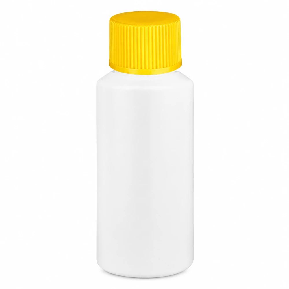 Apothekenflasche HDPE 30ml weiß, mit gelbem Schraubverschluss Zylindrische Apothekenflasche HDPE 30ml weiß gelber Verschluss für Flüssigkeiten und Pulver