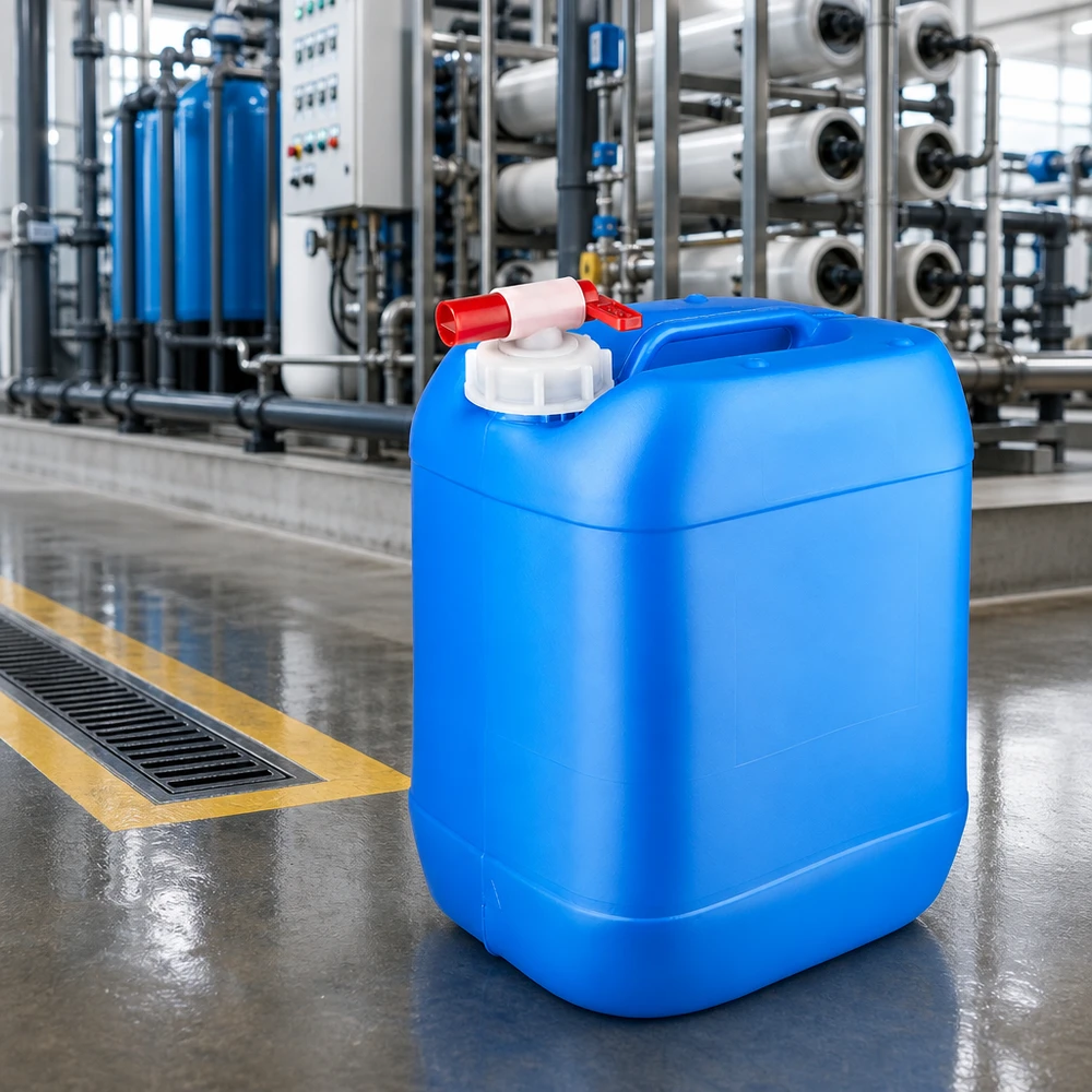 Kanister 20 Liter Blau mit weißem Schraubdeckel und rotem Hahn auf Industrieboden