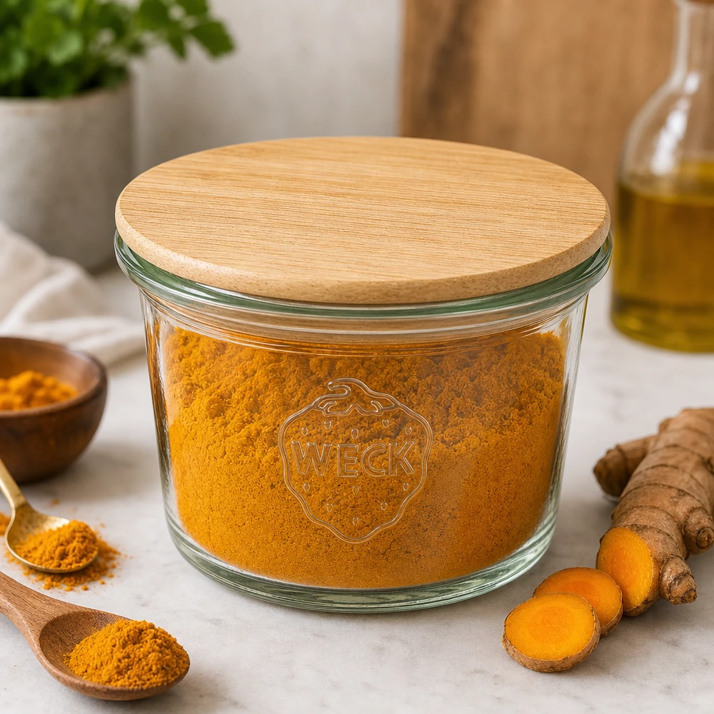 35ml Mini Sturzglas WECK RR40 mit Holzdeckel WECK Mini Sturzglas 35ml mit Holzdeckel gefüllt mit Kurkumapulver in Küche neben frischen Kurkumawurzeln und Gewürzen