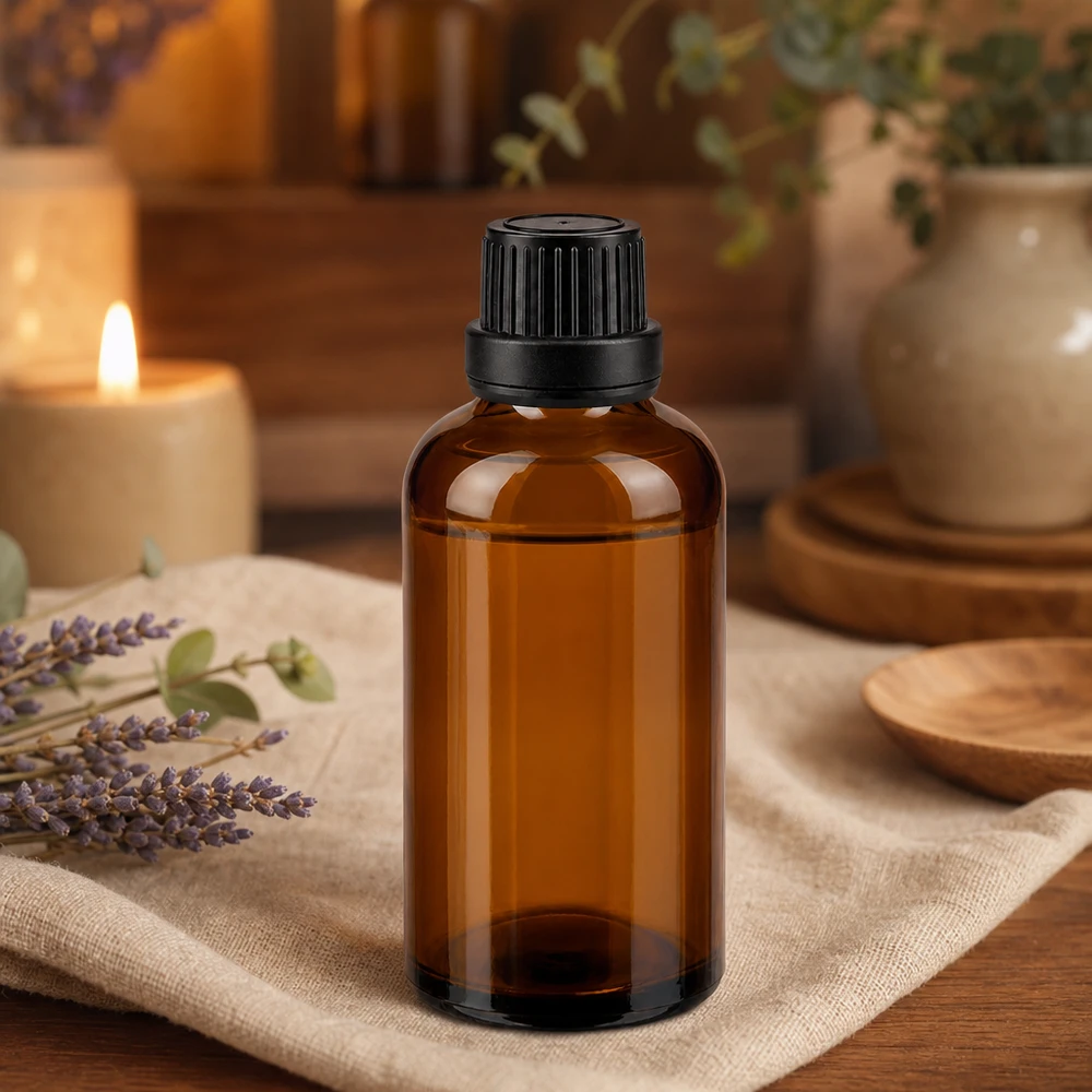 Apothekenflasche braun 50ml Schraubverschluss schwarz Dichteinlage Originalitätsverschluss Apothekerflasche Braunglas 50ml mit schwarzem Sicherheitsverschluss vor warmem Kerzenlicht
