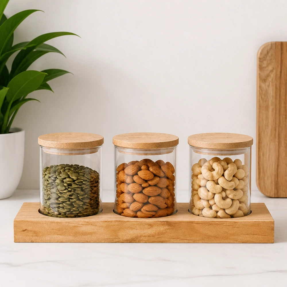 Servierbrett Plano3 für 3 WECK Sturzgläser Servierbrett Plano3 mit WECK Gläsern voller Nüsse und Samen - Pumpkinkerne, Mandeln, Cashews in modernem Ambiente