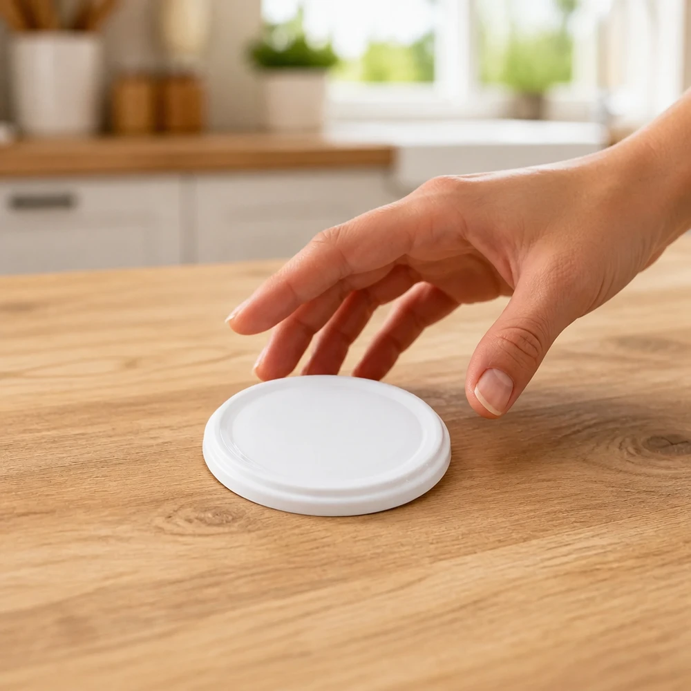 UNiTWIST TO58 weisser 58mm Deckel BioSeal unitemp flach auf Küchentisch Hand nähert sich
