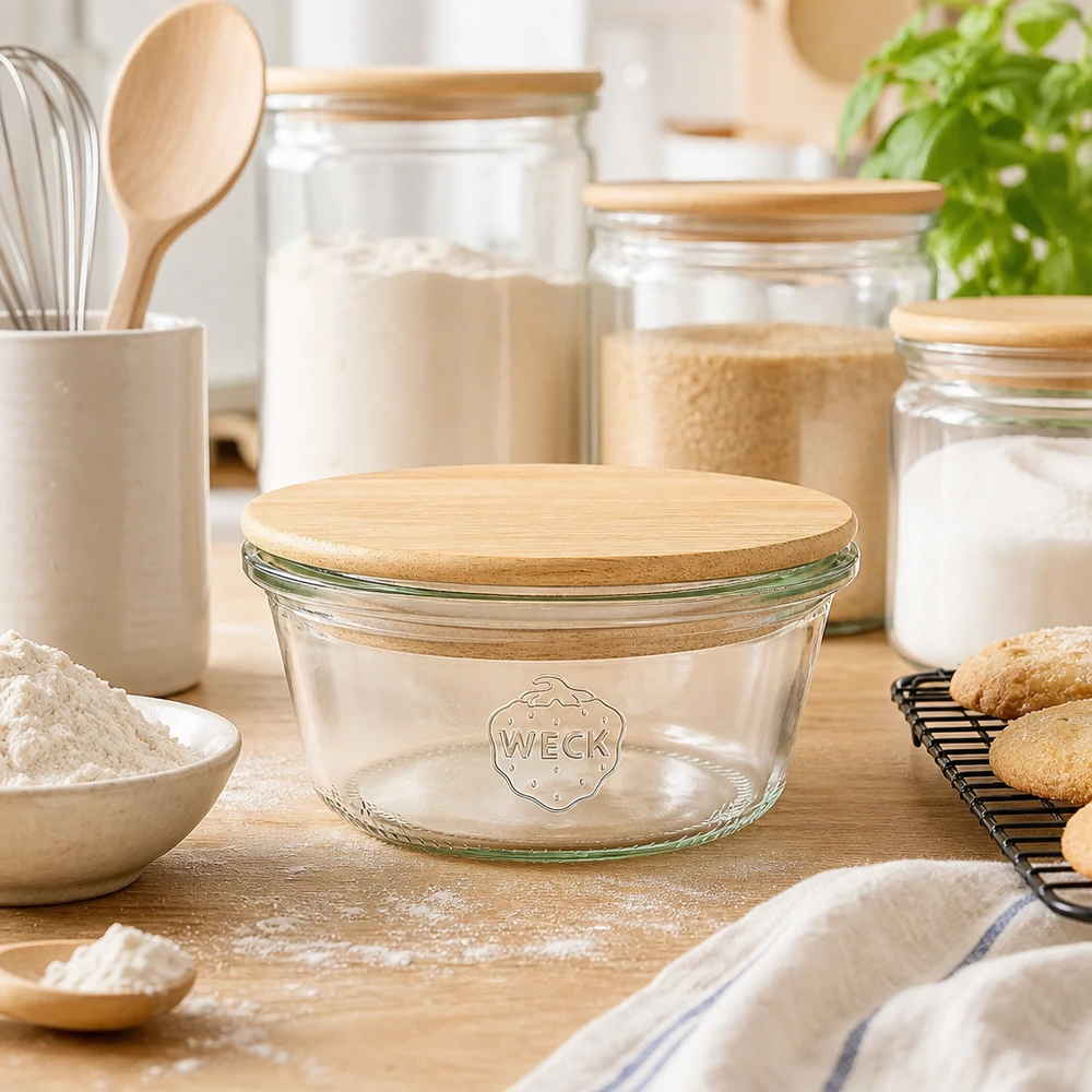 290ml Sturzglas niedrig WECK RR100 mit Holzdeckel WECK Sturzglas 290ml RR100 mit Bambus-Holzdeckel in Bäckerei-Küche mit Mehl, Keksen und Vorratsorganisation