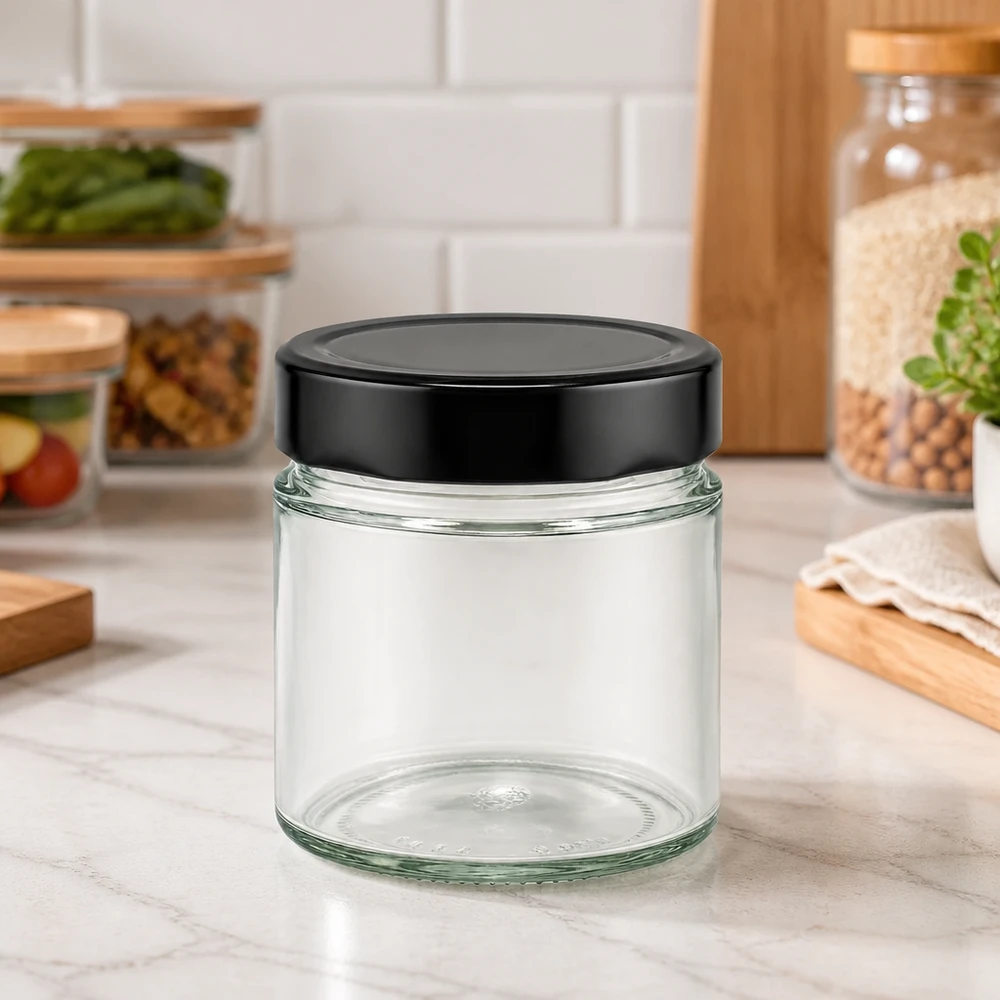 UNiTWIST Rundglas 135ml zylindrische Form mit schwarzem Deckel für Küche und Haushalt