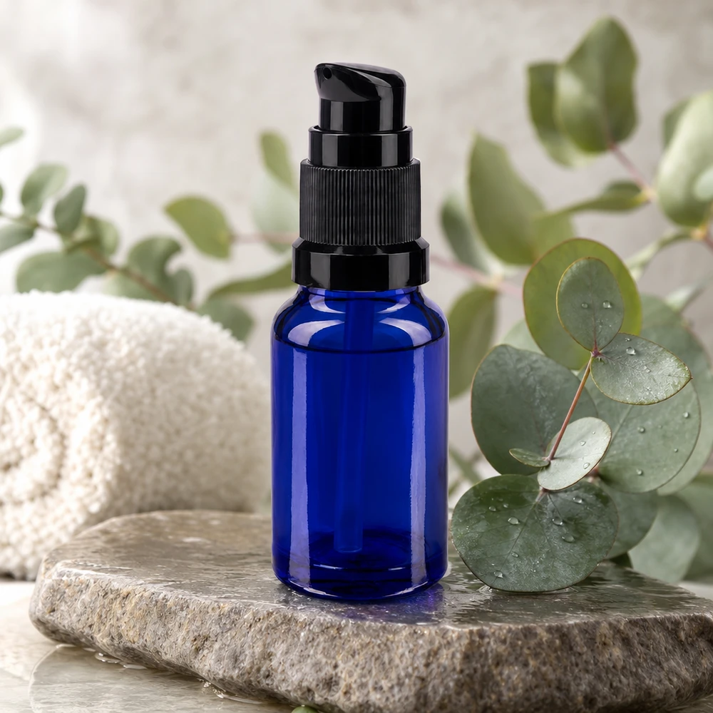 Hochwertige blaue Miniaturflasche 10ml mit Pumpe aus UV-Schutzglas in Blau