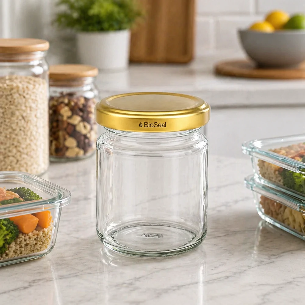 UNiTWIST Runda53 Vorratsglas mit goldenem TO43 BioSeal Deckel auf Marmortheke zwischen Küchenbehältern