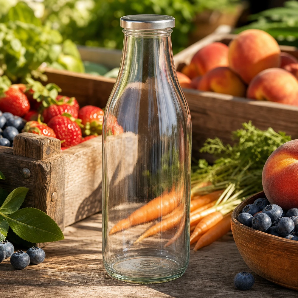 1000ml Glasflasche BasicSeal silber zwischen frischem Obst und Gemüse auf Holztisch natürliche Marktstand Atmosphäre