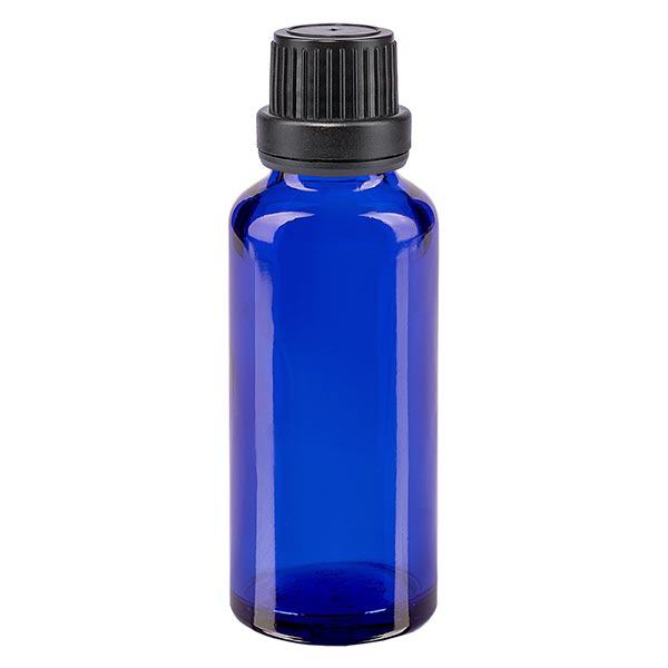 Apothekenflasche blau 30ml Tropfverschluss Giessring 2mm schwarz Originalitätsverschluss Apothekenflasche blau 30ml Tropfverschluss Giessring 2mm schwarz Originalitätsverschluss