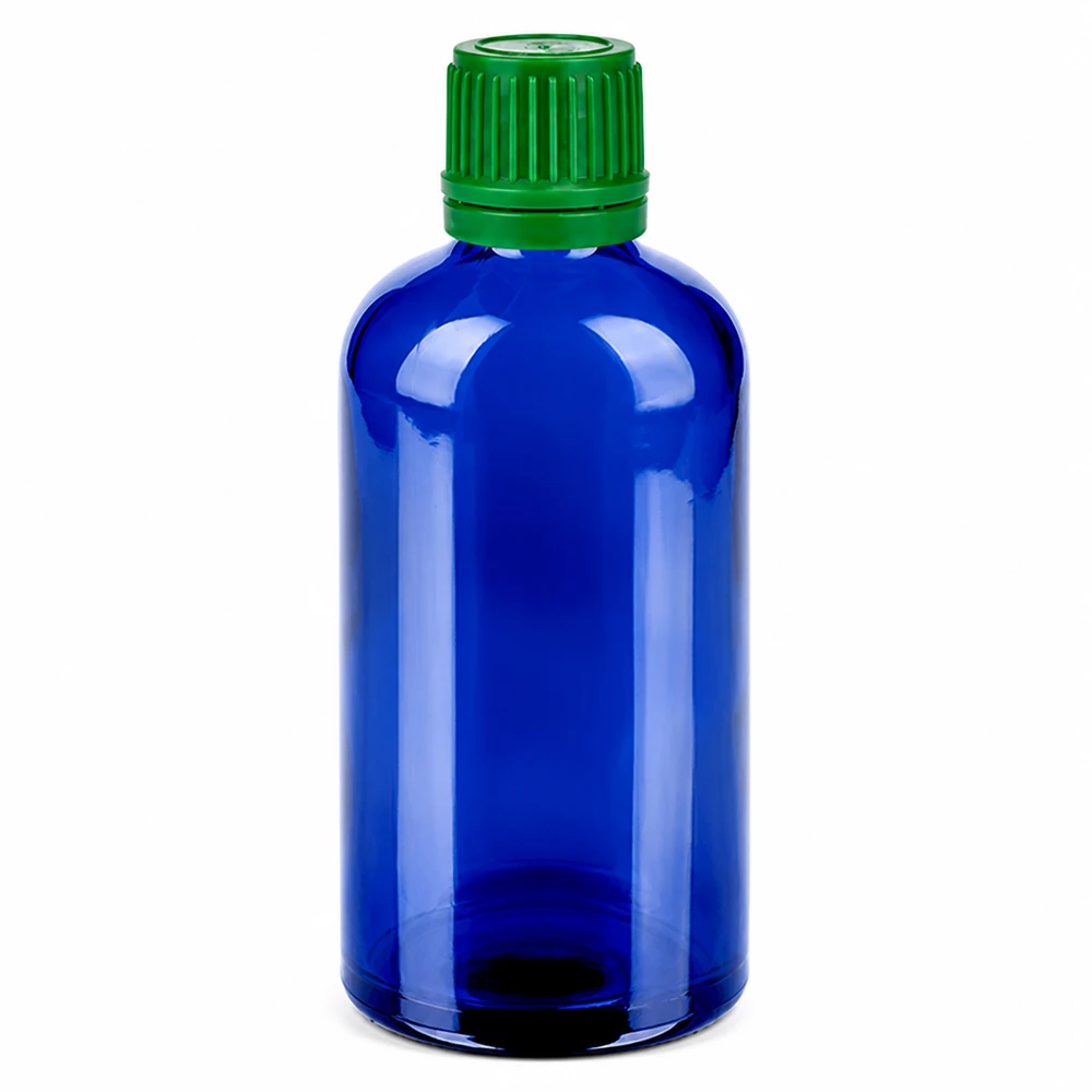 Kompakte blaue Glasflasche 100 Milliliter mit sicherem grünem Verschluss UT18 Gewinde