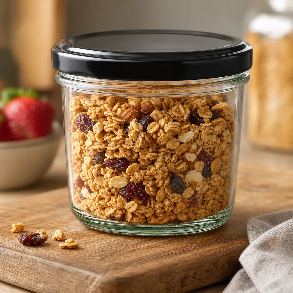 230ml Sturzglas mit BasicSeal Deckel schwarz UNiTWIST 230ml Sturzglas gefüllt mit Müsli und Trockenfrüchten zeigt vielseitige Verwendung für Lebensmittelaufbewahrung