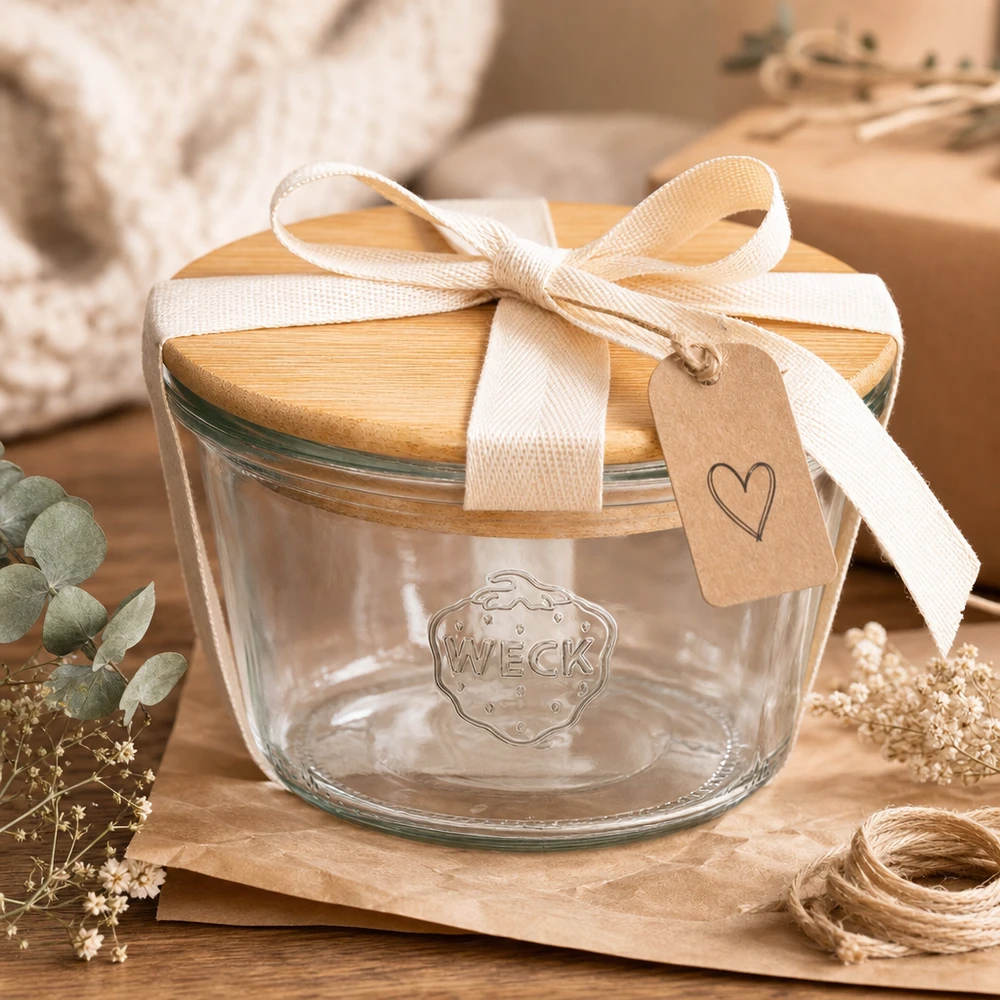 WECK Sturzglas RR100 mit Holzdeckel als Geschenk verpackt mit cremefarbener Schleife und Herzanhänger