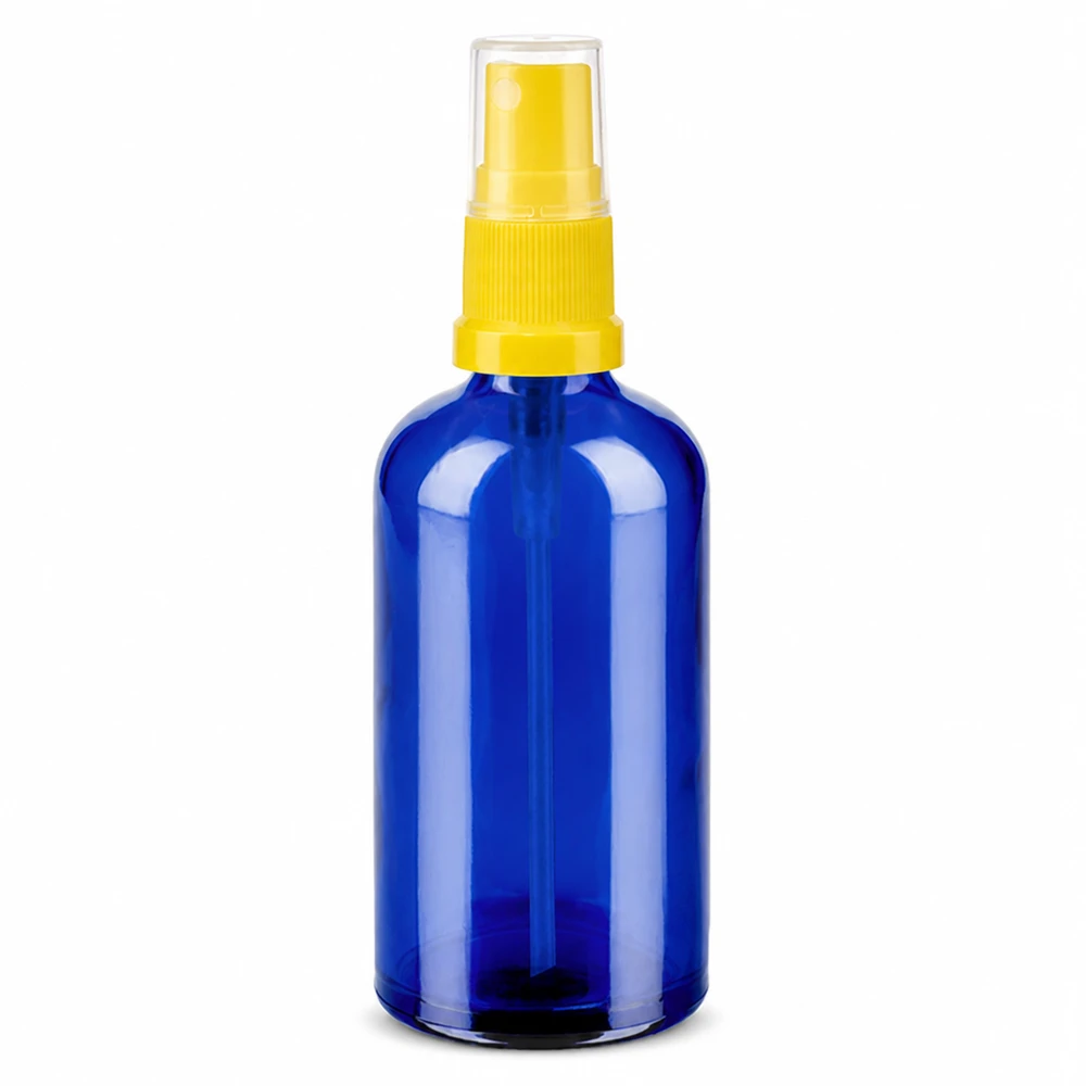 100ml Sprayflasche gelb/transparent Standardverschluss BlueLine UT18/100 Blaue Glasflasche 100ml mit gelbem Sprühmechanismus für Reinigungsmittel