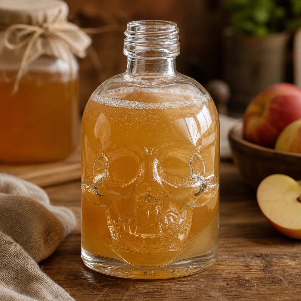 50ml Glasflasche "Hector" ohne Schrauberschluss UNiTWIST Totenkopf Glasflasche 50ml Hector gefüllt mit bernsteinfarbener Flüssigkeit auf rustikalem Holztisch mit Äpfeln