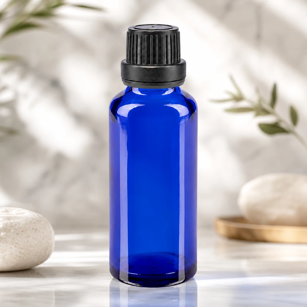 Apothekenflasche blau 30ml Schraubverschluss schwarz Dichteinlage Originalitätsverschluss Nachfüllbare 30ml Blauglasflasche mit Lichtschutz und schwarzem OV Verschluss für Hydrolate