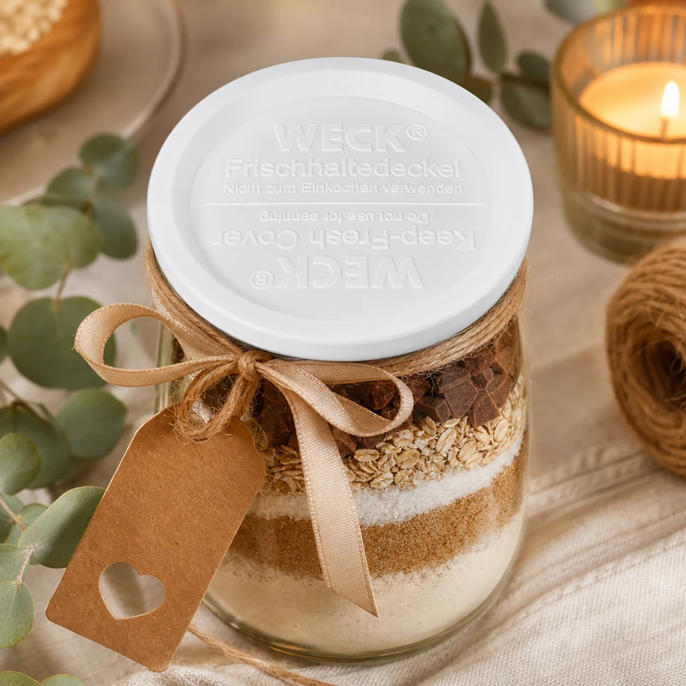 WECK Frischhaltedeckel RR120 auf Backzutaten-Glas mit Schokolade Haferflocken beige Schleife Dekoration Küche