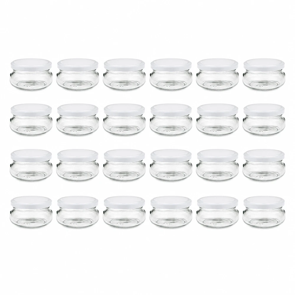 120 ml Terrinenglas 24er-Set mit Deckel (Deckelfarbe: weiss) – UNiTWIST UNiTWIST Glasbehälter 120ml 24er-Set weiße Deckel geordnet in vier Reihen à sechs Gläser