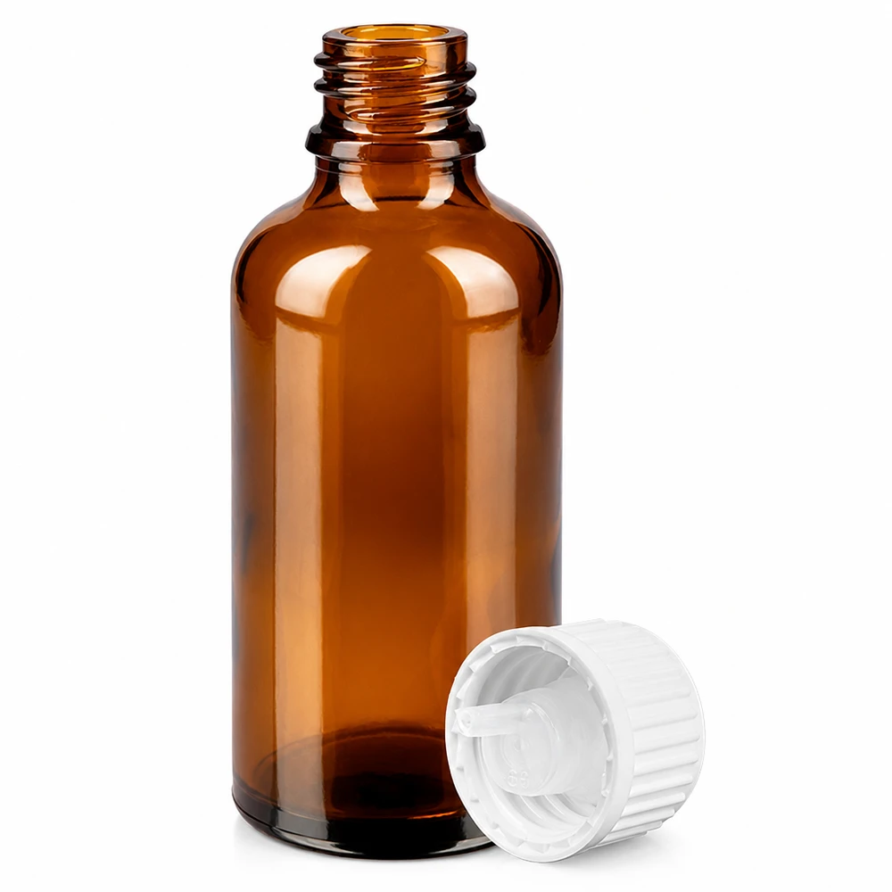 Hochwertige 50ml Braunglasflasche mit Standard Tropfverschluss weiß für lichtempfindliche Substanzen