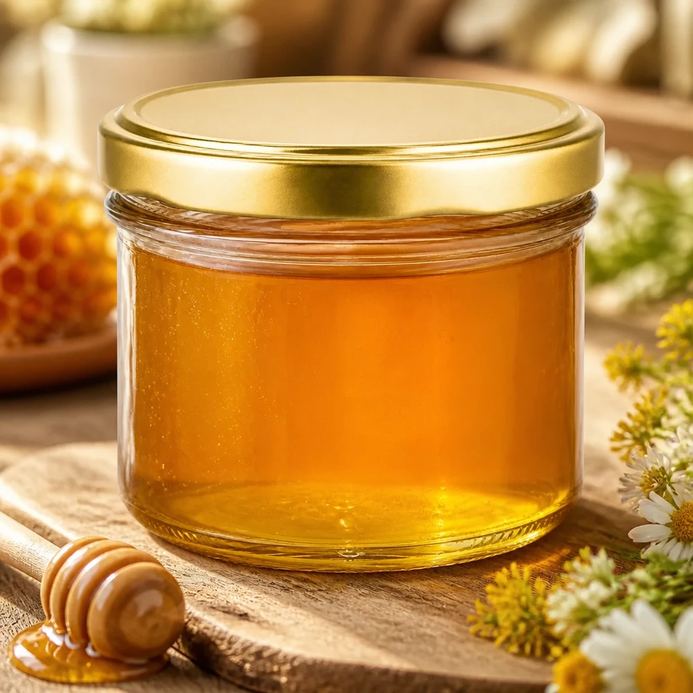 225ml Sturzglas UNiTWIST mit BasicSeal Deckel gold gefüllt mit Honig neben Honiglöffel und Blumen auf Holztisch