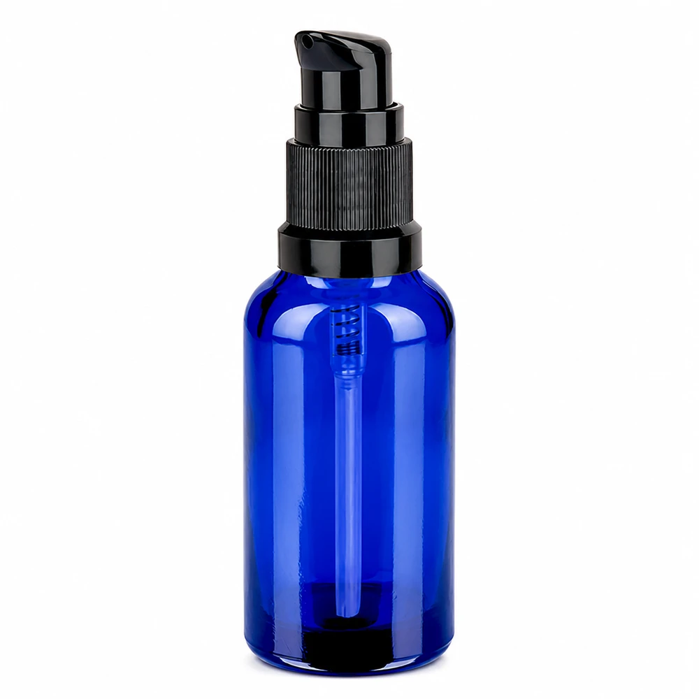 30ml Pumpflasche schwarz Standardverschluss BlueLine UT18/30 Stilvolle kobaltblaue 30ml Flasche mit schwarzem Pumpverschluss für hochwertige Pflegeprodukte