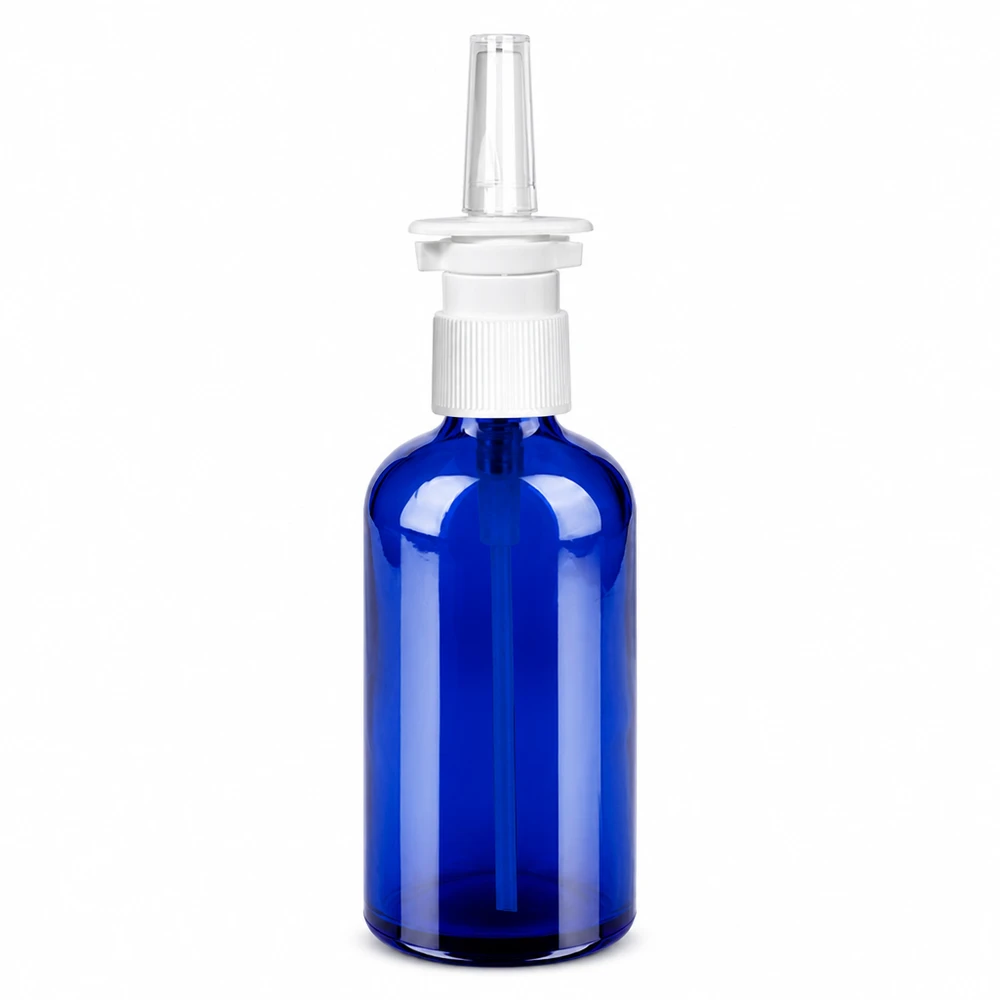 100ml Nasensprayflaschwarz weiß/transparent Standardverschluss BlueLine UT18/100 Hochwertige blaue Glasflasche 100ml mit Nasensprühaufsatz für pharmazeutische Produkte