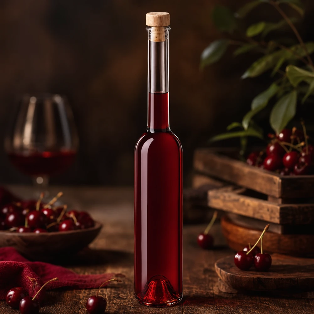 100ml Glasflasche "Hugo" mit Holzgriff-Korken UNiTWIST 100ml Glasflasche Hugo mit rotem Kirschlikör gefüllt in gemütlicher Weinambiente mit frischen Kirschen und Holzdeko
