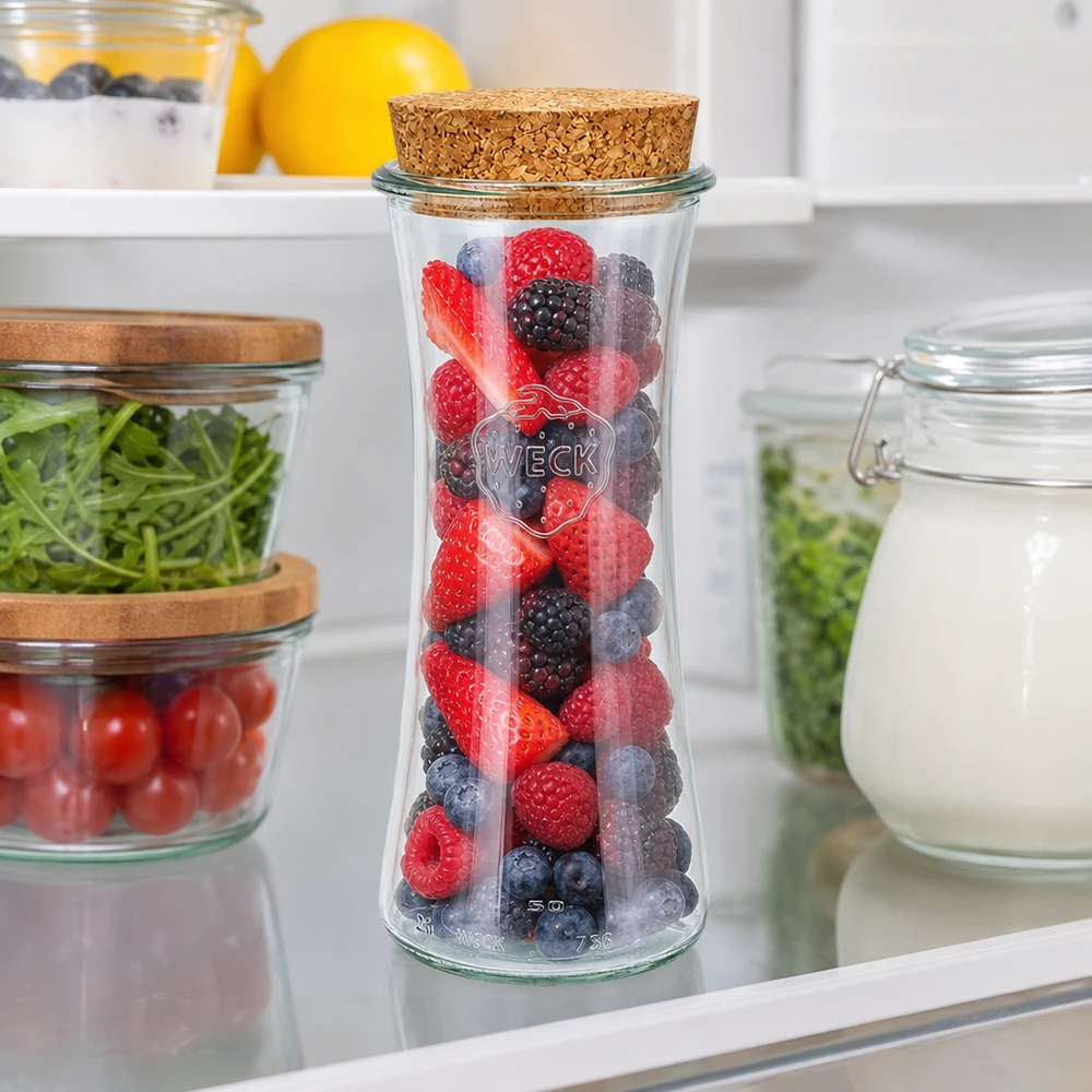 700ml Delikatessenglas WECK RR80 mit Korken natur WECK RR80 Vorratsglas 700ml mit Korkdeckel gefüllt mit Beeren im Kühlschrank zwischen anderen Vorratsgläsern mit Gemüse
