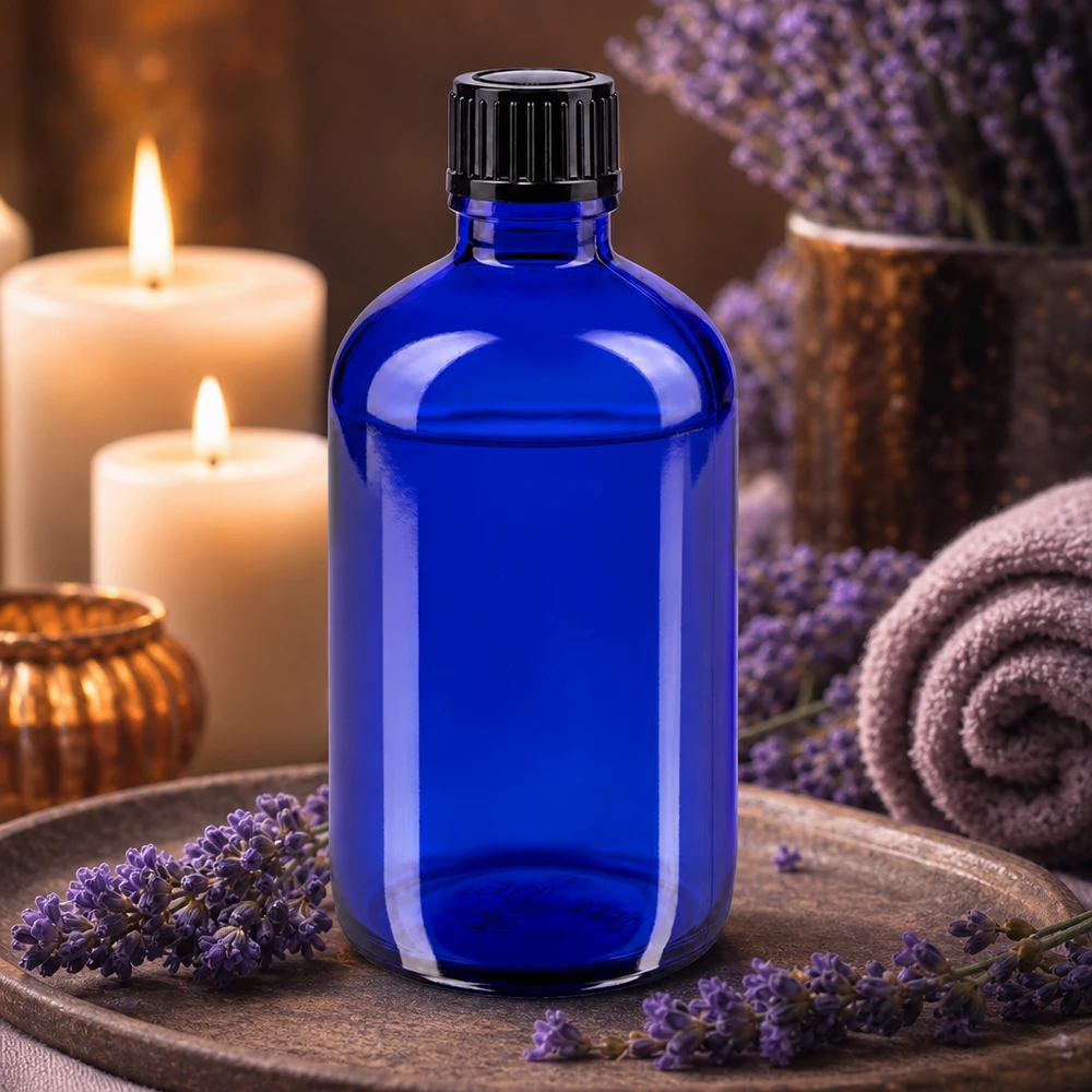 Apothekenflasche blau 100ml Tropfverschluss 1mm schwarz Standard Aromatherapie Tropfflasche 100ml blaues Apothekerglas mit 1mm Dosiereinsatz schwarz