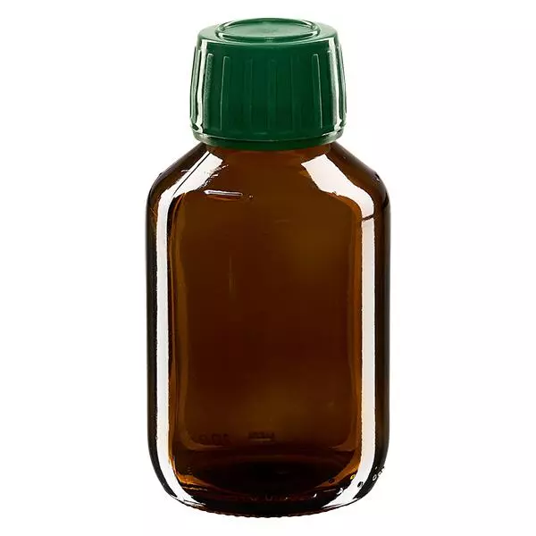100ml Medizinflasche braun, Verschluss grün mit Originalitätsring ApoGlas 100ml Medizinflasche braun, Verschluss grün mit Originalitätsring ApoGlas
