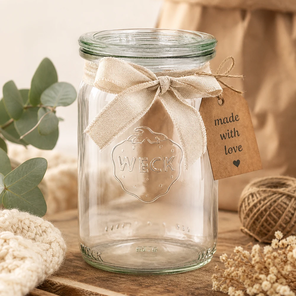 145ml Zylinderglas mit Glasdeckel WECK RR40 WECK 145ml Zylinderglas RR40 dekorativ arrangiert mit Juteband und Made with Love Anhänger in gemütlicher Atmosphäre
