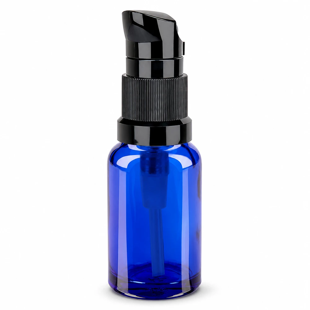 Premium Pumpspender Flasche 10ml blaues Glas schwarzer Pump STD BlueLine UT18/10