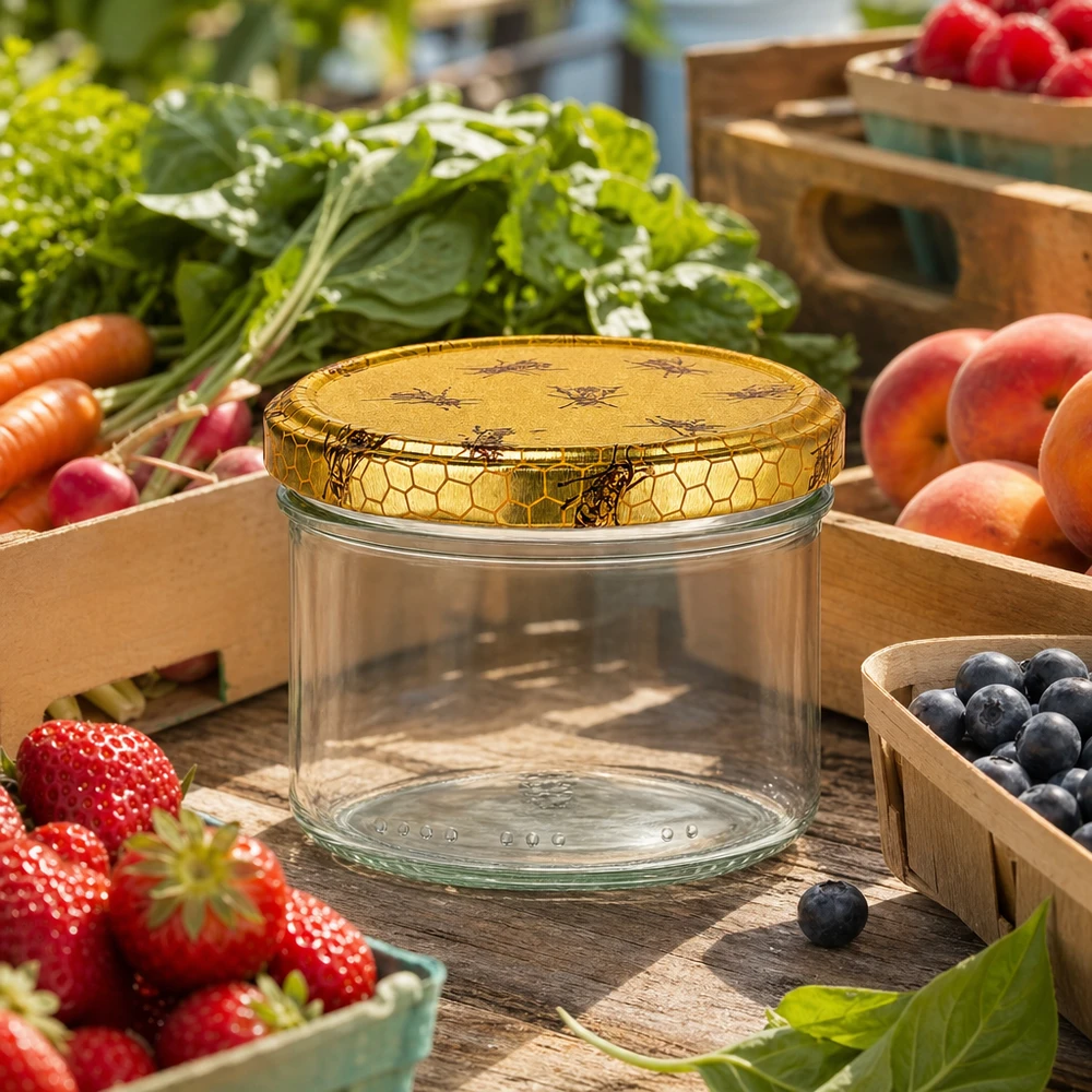 300g Honigglas mit Bienenwabe Deckel BasicSeal UNiTWIST 300g Honigglas leer mit Bienenwaben-Deckel zwischen frischem Obst und Gemüse auf Marktstand als Vorratsglas